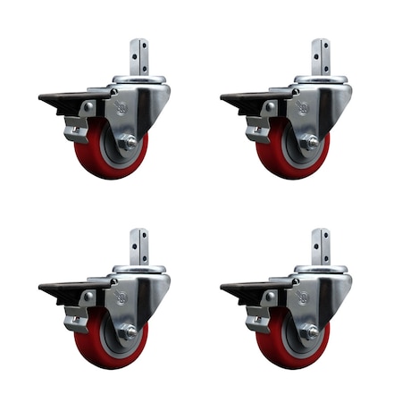 Service Caster 3'' Red Poly Wheel Swivel 7/8'' Square Stem Caster Set with Brake, 4PK SCC-SQ20S314-PPUB-RED-PLB-78-4